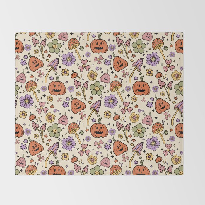 Whimsical Halloween Pattern Cute Pumpkins Mushrooms and Flowers in Pastel Autumn Colors Throw Blanket Gallery Image 2