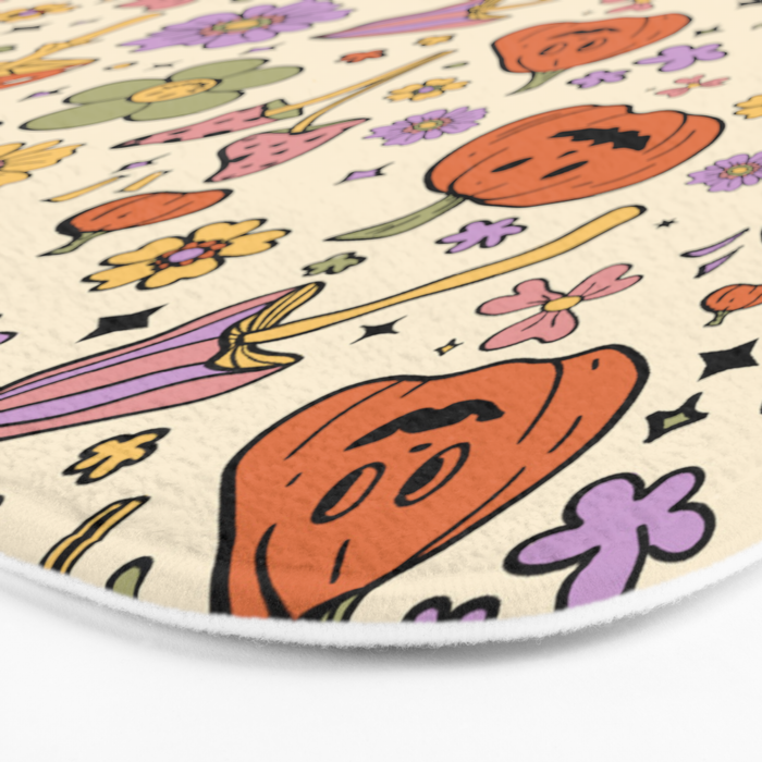 Whimsical Halloween Pattern Cute Pumpkins Mushrooms and Flowers in Pastel Autumn Colors Bath Mat Gallery Image 3