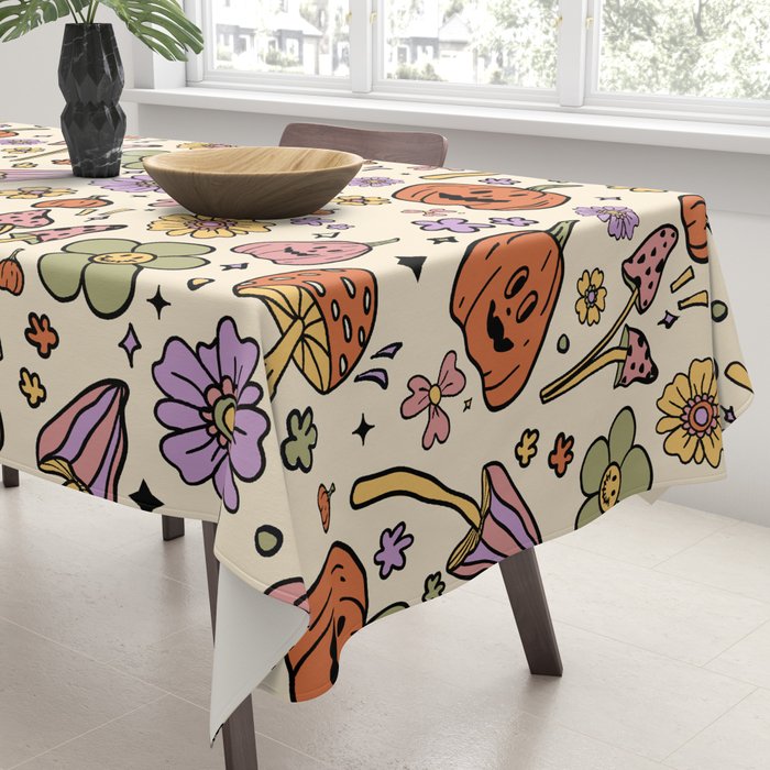 Whimsical Halloween Pattern Cute Pumpkins Mushrooms and Flowers in Pastel Autumn Colors Tablecloth Gallery Image 3