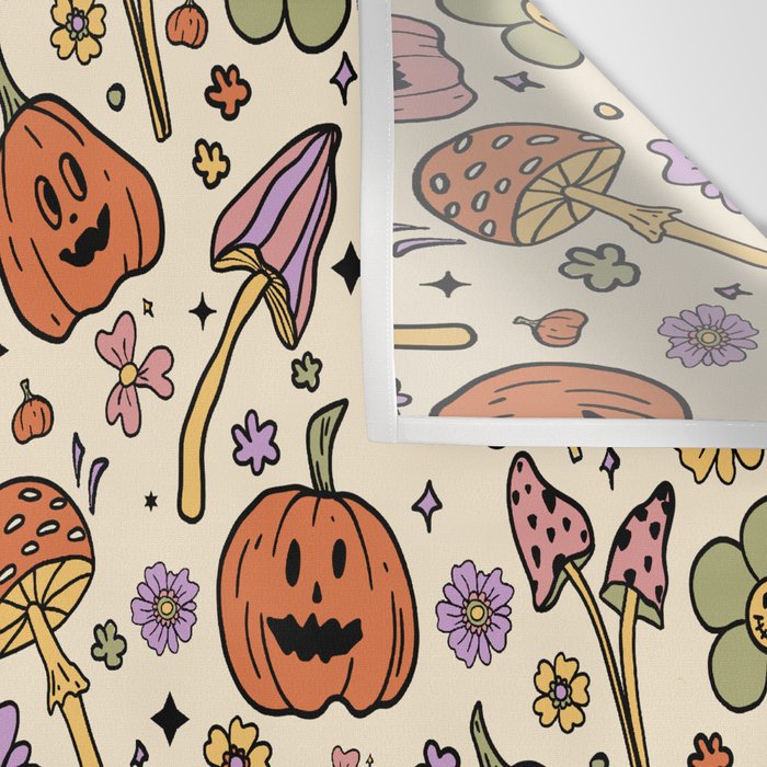 Whimsical Halloween Pattern Cute Pumpkins Mushrooms and Flowers in Pastel Autumn Colors Wall Tapestry Gallery Image 3