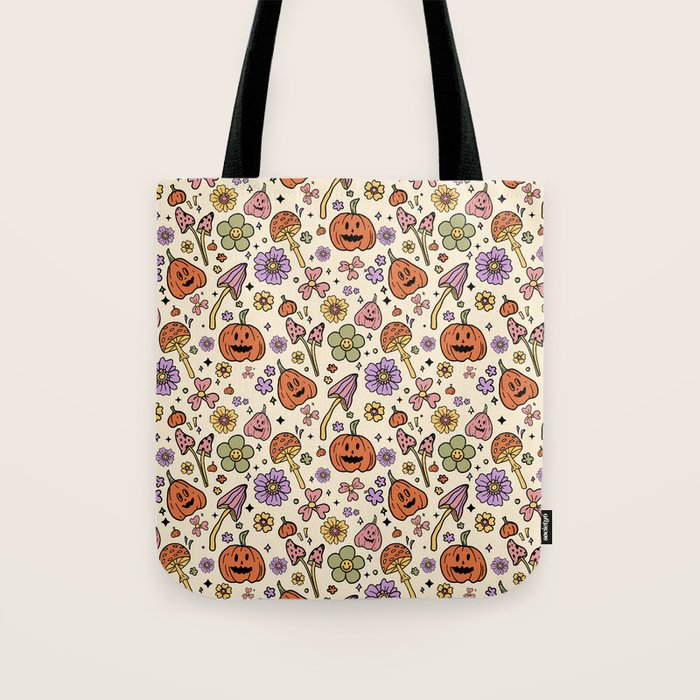 Whimsical Halloween Pattern Cute Pumpkins Mushrooms and Flowers in Pastel Autumn Colors Tote Bag Gallery Image 1