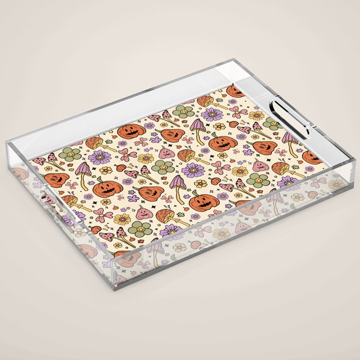 Whimsical Halloween Pattern Cute Pumpkins Mushrooms and Flowers in Pastel Autumn Colors Acrylic Tray Gallery Image 1