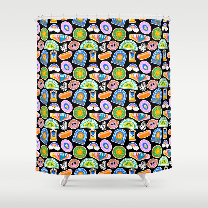 Retro cartoon label sticker pattern Shower Curtain Gallery Image 1
