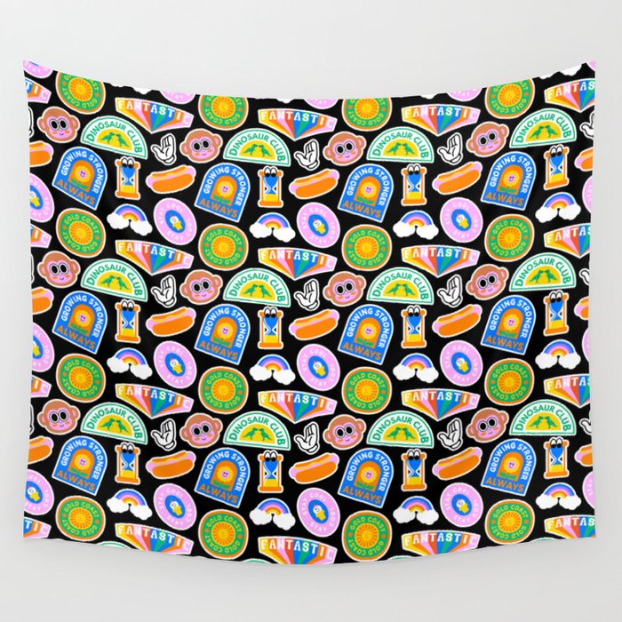 Retro cartoon label sticker pattern Wall Tapestry Gallery Image 4