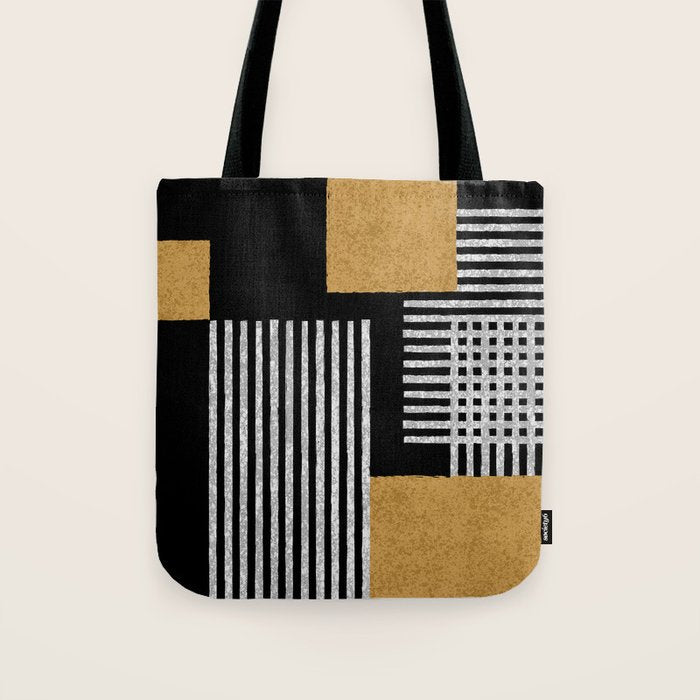 Stripes and Squares on Black Composition - Abstract Tote Bag Gallery Image 1