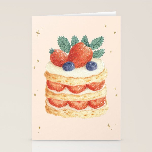 Strawberry Cake Dessert Illustration with Berries and Stars Stationery Card Gallery Image 1