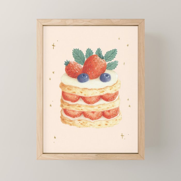 Strawberry Cake Dessert Illustration with Berries and Stars Mini Art Print Gallery Image 1