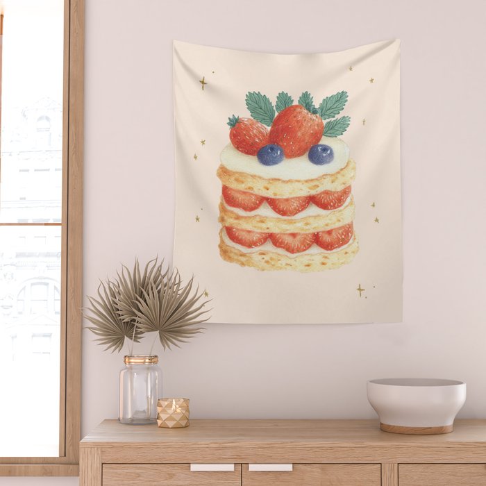 Strawberry Cake Dessert Illustration with Berries and Stars Wall Tapestry Gallery Image 2