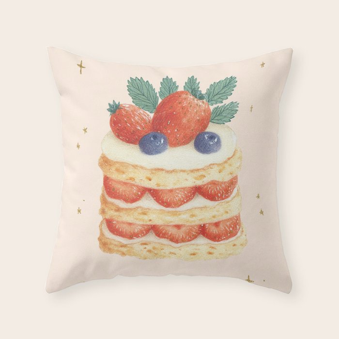 Strawberry Cake Dessert Illustration with Berries and Stars Throw Pillow Gallery Image 1