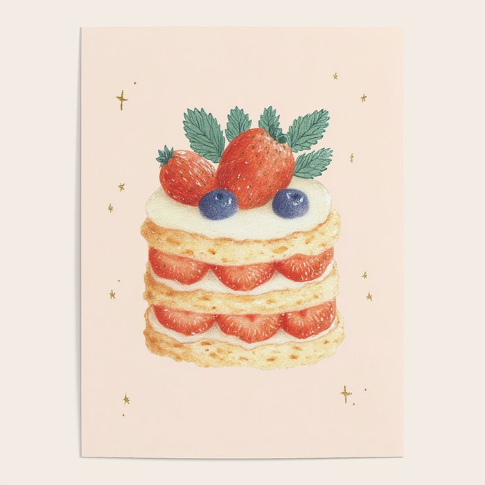Strawberry Cake Dessert Illustration with Berries and Stars Poster Gallery Image 1