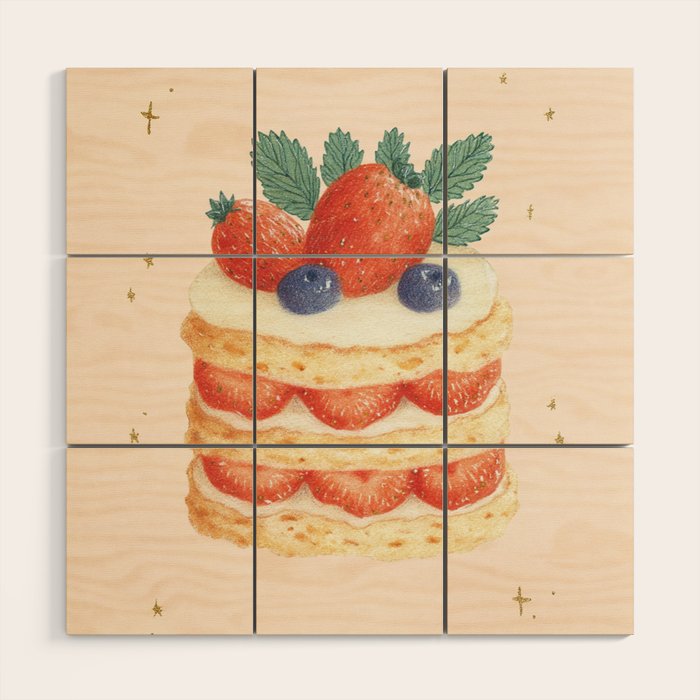 Strawberry Cake Dessert Illustration with Berries and Stars Wood Wall Art Gallery Image 1