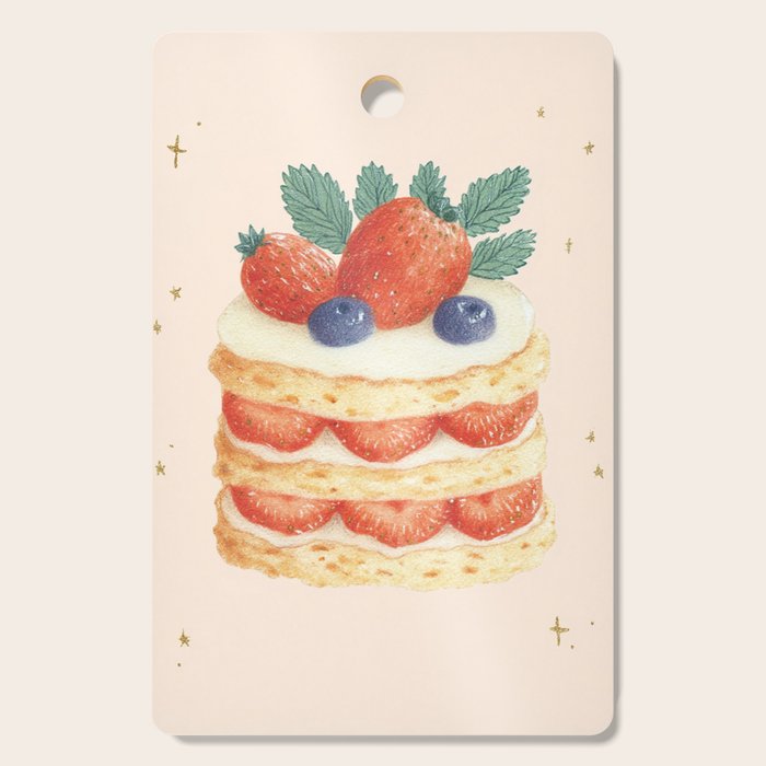 Strawberry Cake Dessert Illustration with Berries and Stars Cutting Board Gallery Image 1