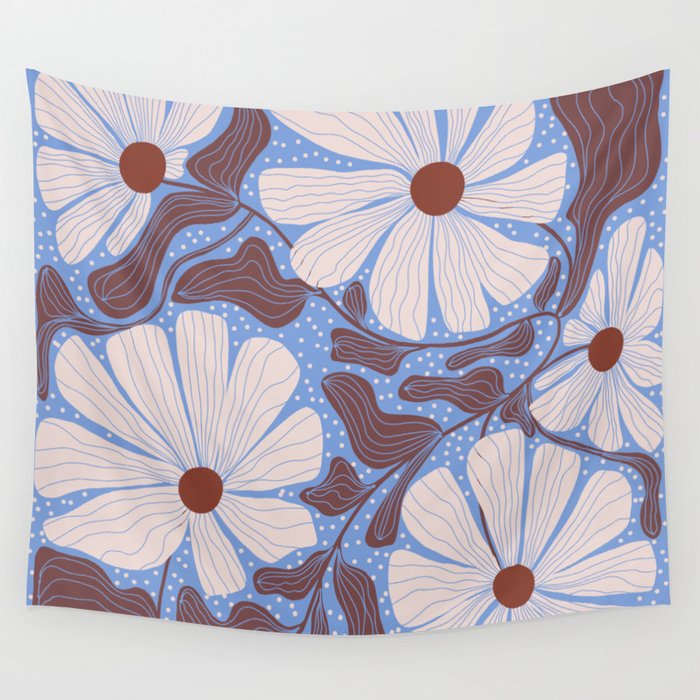 Retro modern white daisies illustration  Wall Tapestry Gallery Image 4
