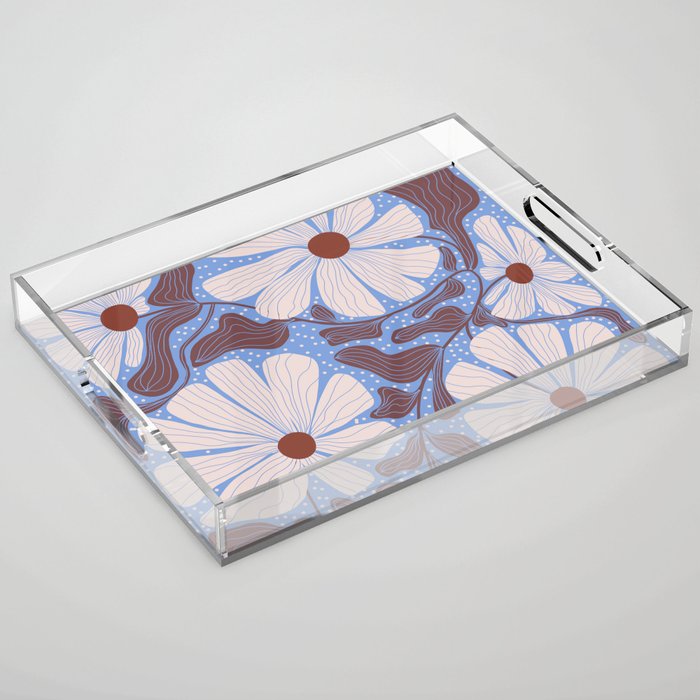 Retro modern white daisies illustration  Acrylic Tray Gallery Image 1