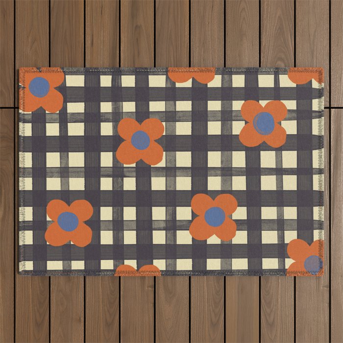 Black and red check and flowers Outdoor Rug Gallery Image 1