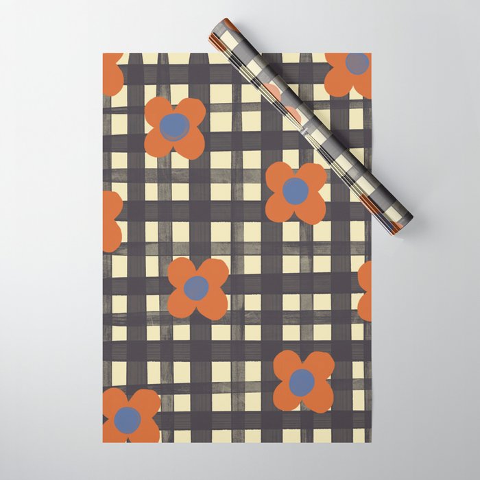Black and red check and flowers Wrapping Paper Gallery Image 1