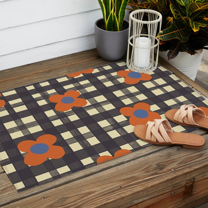 Black and red check and flowers Outdoor Rug Gallery Image 2