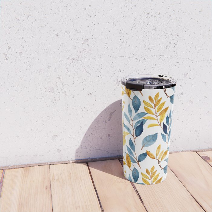 Watercolor Leaves, Yellow and Blue, Floral Prints Travel Mug Gallery Image 4