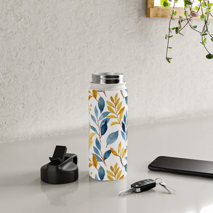 Watercolor Leaves, Yellow and Blue, Floral Prints Water Bottle Gallery Image 4