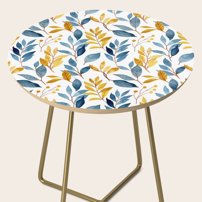 Watercolor Leaves, Yellow and Blue, Floral Prints Side Table Gallery Image 2