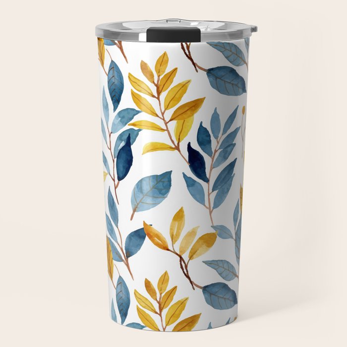 Watercolor Leaves, Yellow and Blue, Floral Prints Travel Mug Gallery Image 1