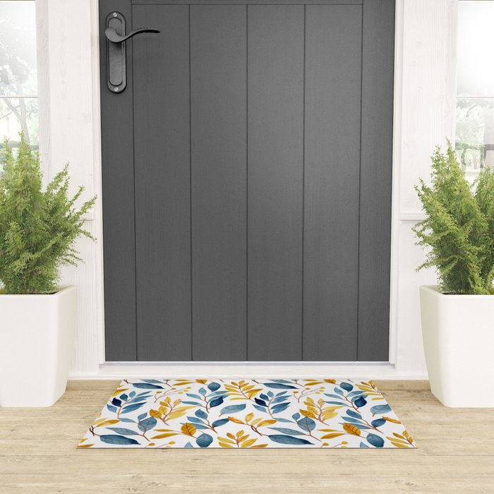 Watercolor Leaves, Yellow and Blue, Floral Prints Welcome Mat Gallery Image 3