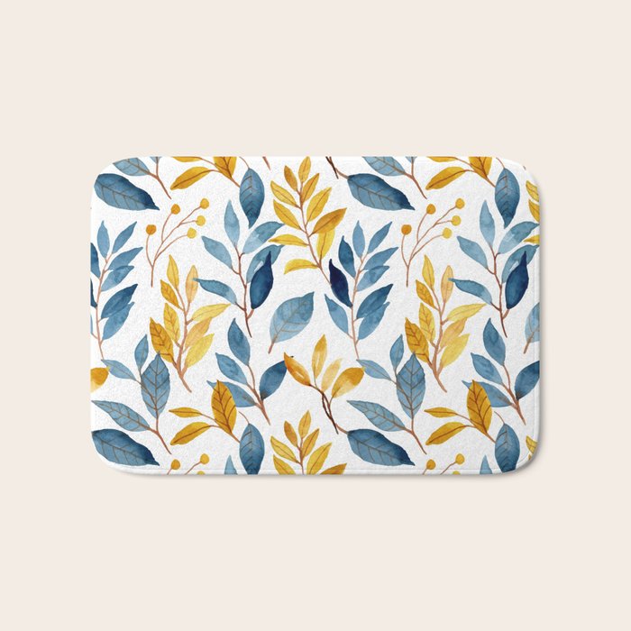 Watercolor Leaves, Yellow and Blue, Floral Prints Bath Mat Gallery Image 1