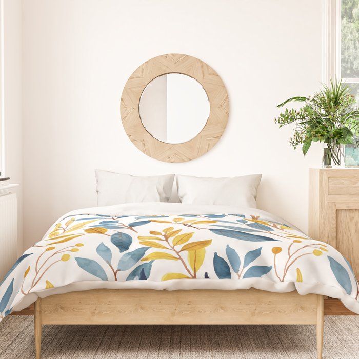Watercolor Leaves, Yellow and Blue, Floral Prints Duvet Cover Gallery Image 3