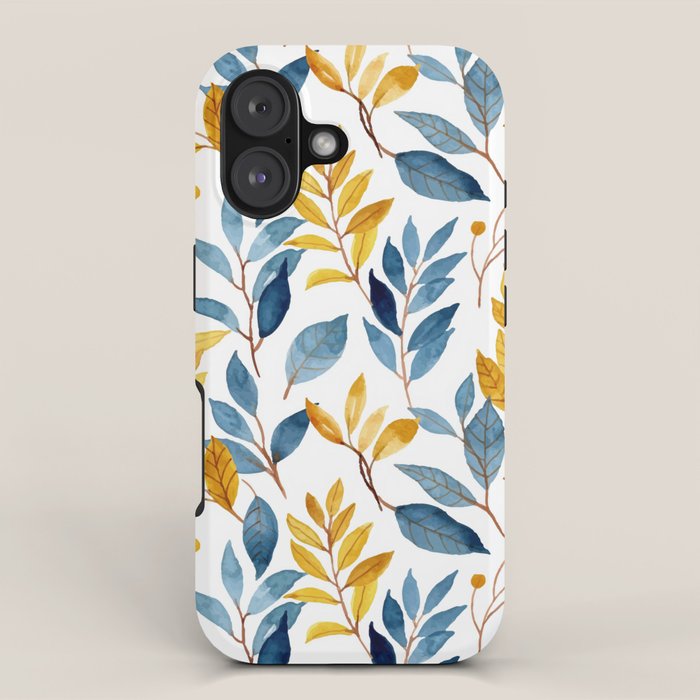 Watercolor Leaves, Yellow And Blue, Floral Prints Iphone Case