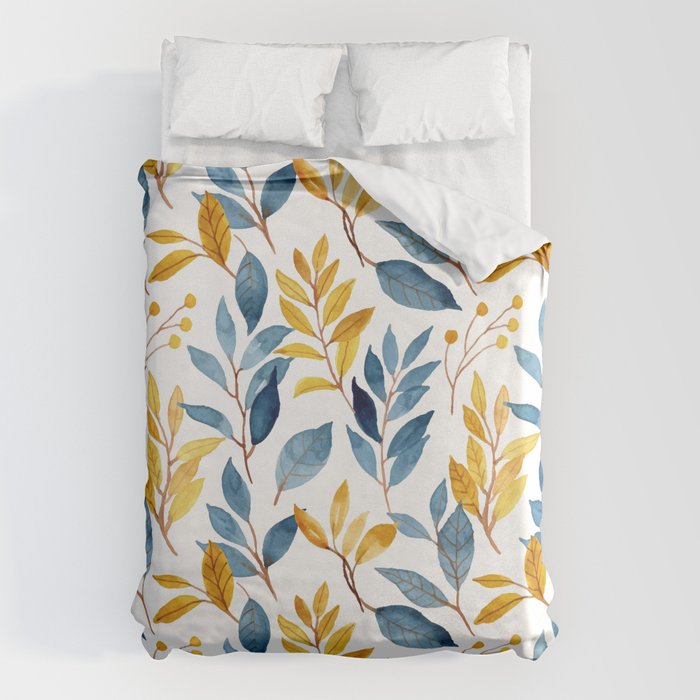Watercolor Leaves, Yellow and Blue, Floral Prints Duvet Cover Gallery Image 6