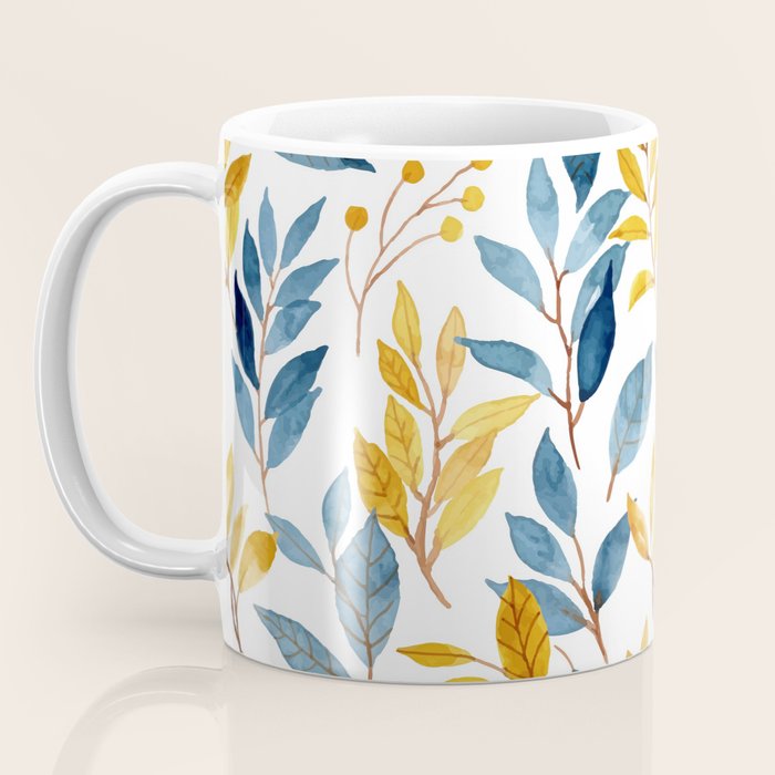 Watercolor Leaves, Yellow and Blue, Floral Prints Coffee Mug Gallery Image 3