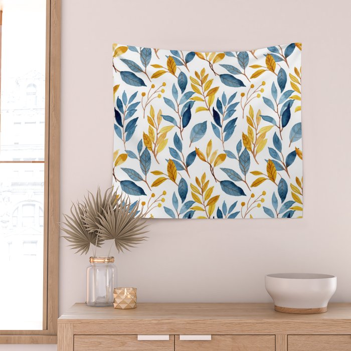 Watercolor Leaves, Yellow and Blue, Floral Prints Wall Tapestry Gallery Image 2