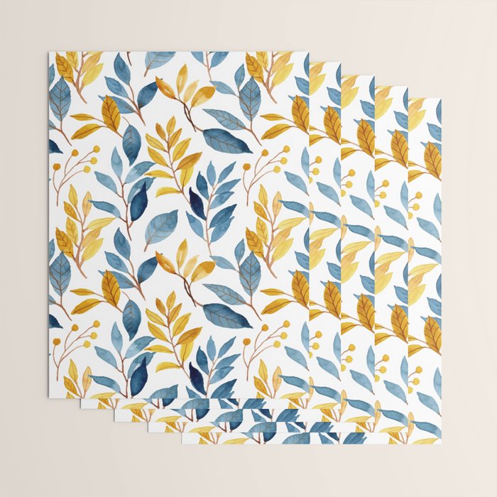 Watercolor Leaves, Yellow and Blue, Floral Prints Wrapping Paper Gallery Image 3