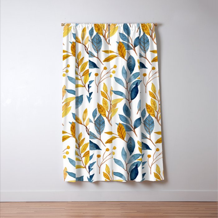 Watercolor Leaves, Yellow and Blue, Floral Prints Window Curtain Gallery Image 3