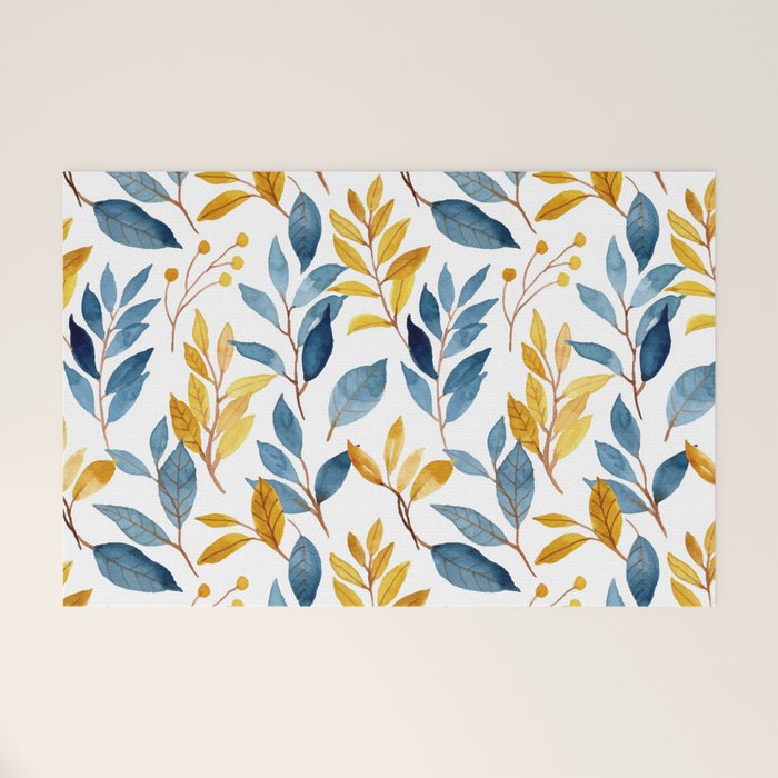 Watercolor Leaves, Yellow and Blue, Floral Prints Welcome Mat Gallery Image 1