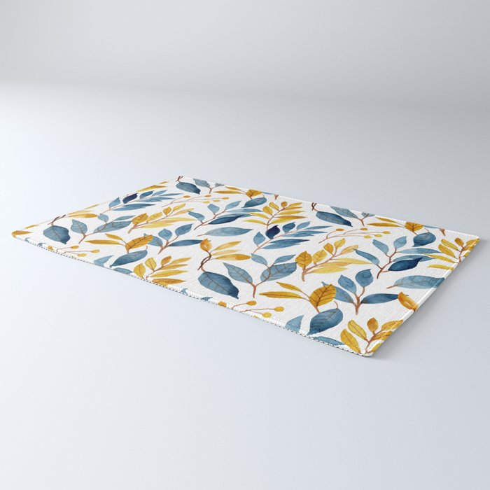 Watercolor Leaves, Yellow and Blue, Floral Prints Rug Gallery Image 3