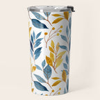 Watercolor Leaves, Yellow and Blue, Floral Prints Travel Mug Gallery Image 2