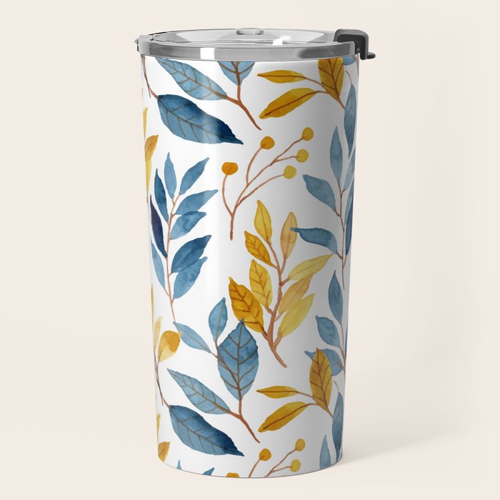 Watercolor Leaves, Yellow and Blue, Floral Prints Travel Mug Gallery Image 2