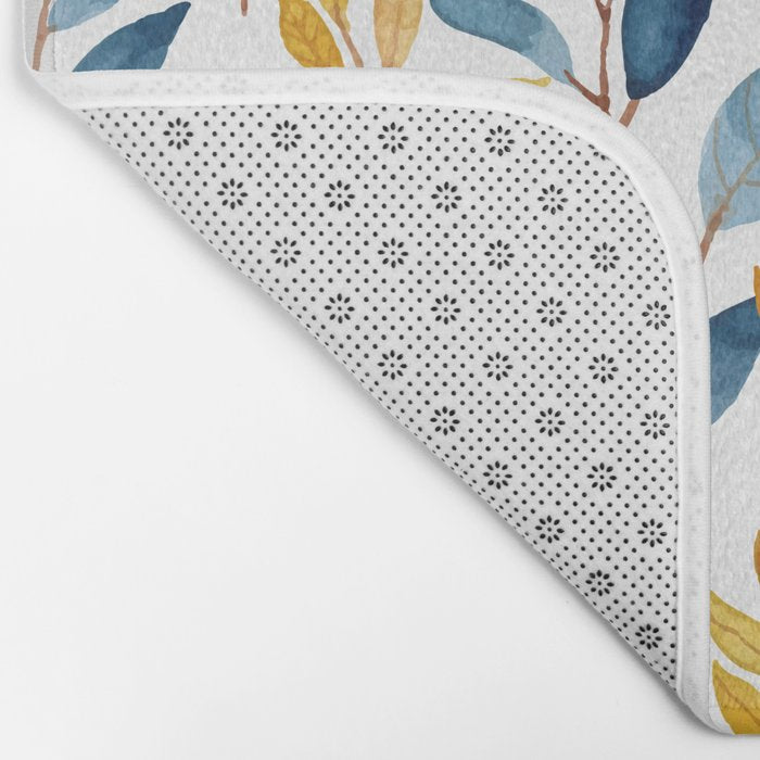 Watercolor Leaves, Yellow and Blue, Floral Prints Bath Mat Gallery Image 2
