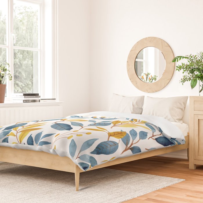Watercolor Leaves, Yellow and Blue, Floral Prints Duvet Cover Gallery Image 2