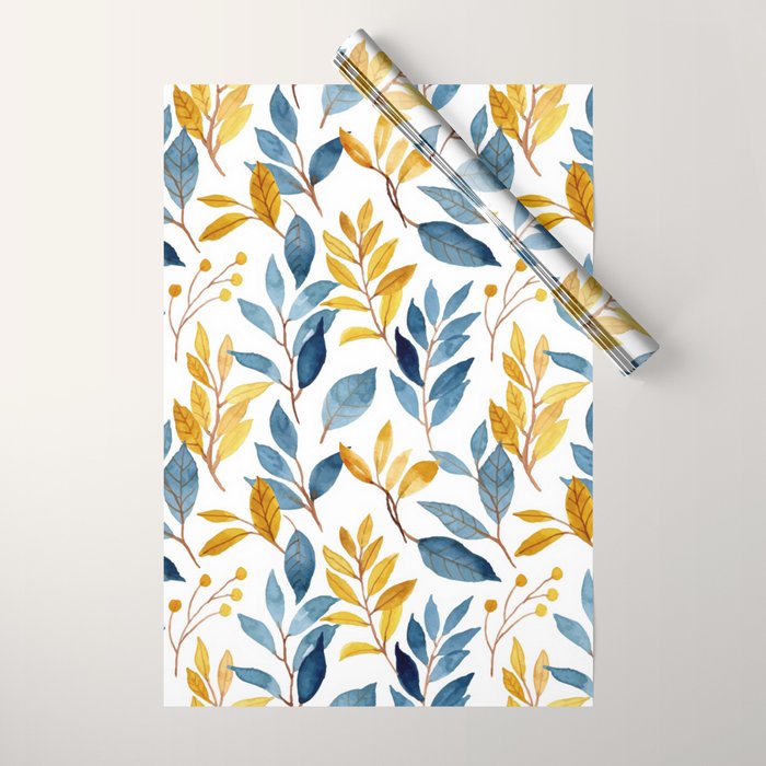 Watercolor Leaves, Yellow and Blue, Floral Prints Wrapping Paper Gallery Image 1