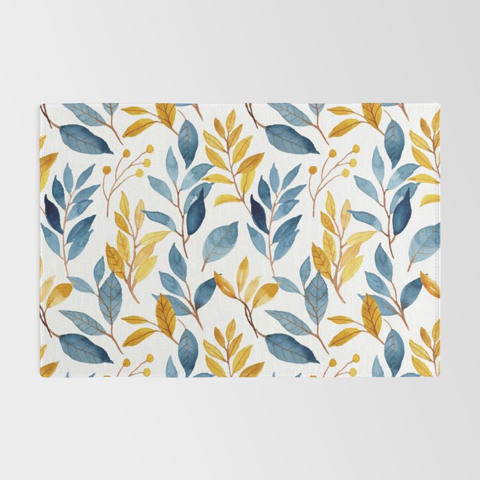 Watercolor Leaves, Yellow and Blue, Floral Prints Rug Gallery Image 2