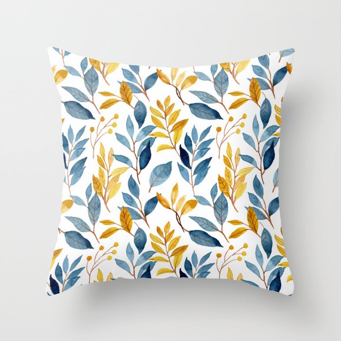 Watercolor Leaves, Yellow and Blue, Floral Prints Throw Pillow Gallery Image 6