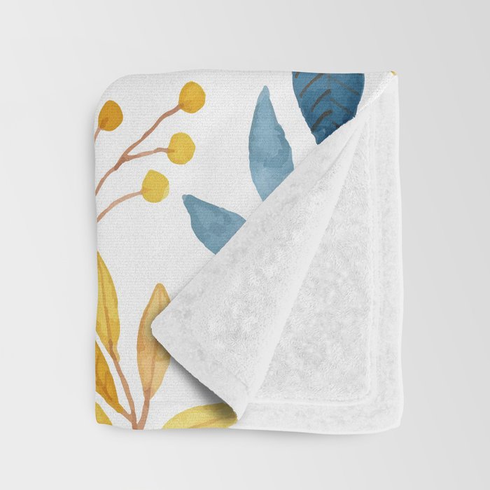 Watercolor Leaves, Yellow and Blue, Floral Prints Throw Blanket Gallery Image 3