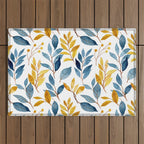 Watercolor Leaves, Yellow and Blue, Floral Prints Outdoor Rug Gallery Image 1
