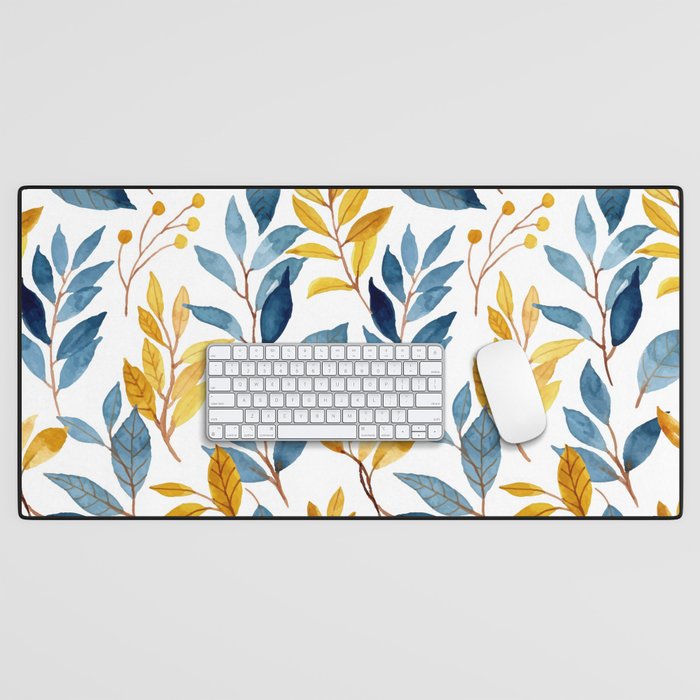 Watercolor Leaves, Yellow and Blue, Floral Prints Desk Mat Gallery Image 1
