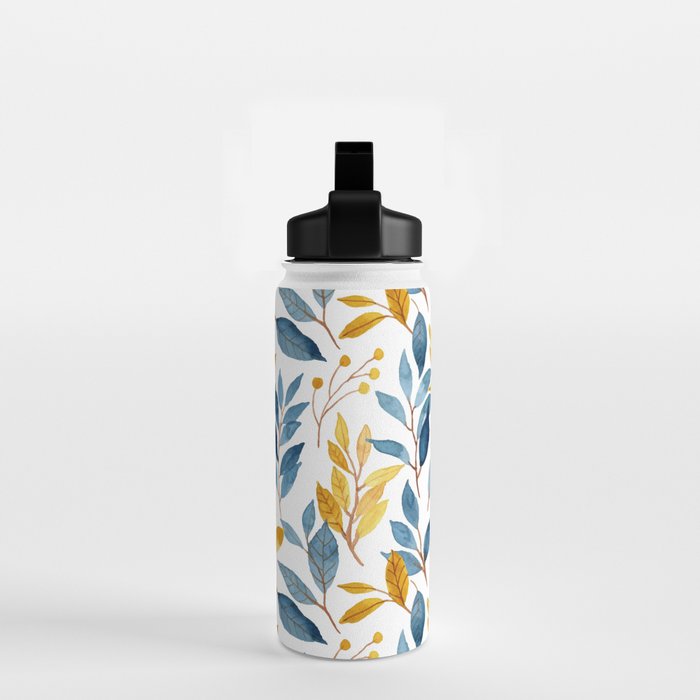 Watercolor Leaves, Yellow and Blue, Floral Prints Water Bottle Gallery Image 2