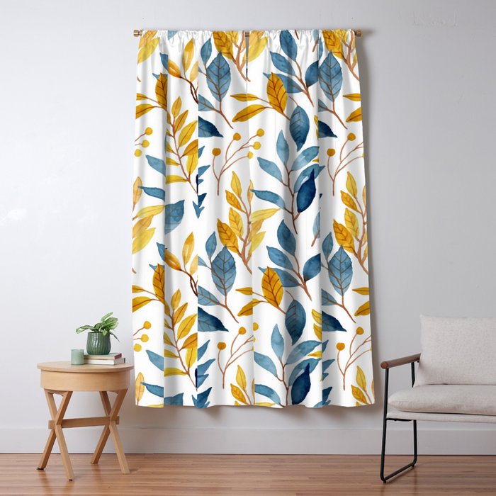 Watercolor Leaves, Yellow and Blue, Floral Prints Window Curtain Gallery Image 1
