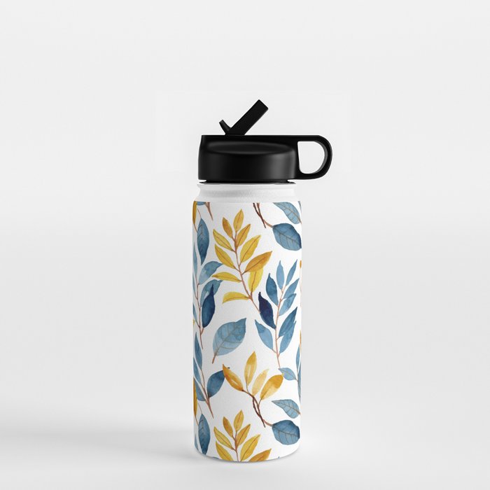 Watercolor Leaves, Yellow and Blue, Floral Prints Water Bottle Gallery Image 1
