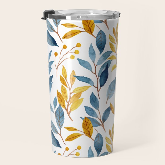 Watercolor Leaves, Yellow and Blue, Floral Prints Travel Mug Gallery Image 3